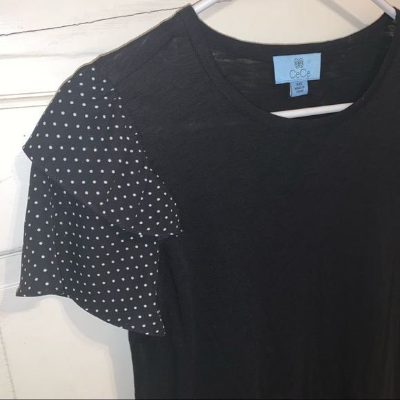 Cece Woman's High Neck Black T-Shirt with Ruffle Frill Polka Dot Sleeve XXS - Picture 2 of 10